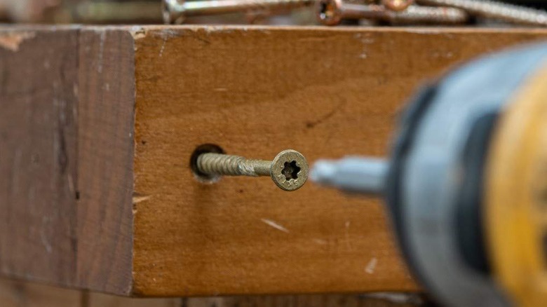 A torx screw in a wooden table