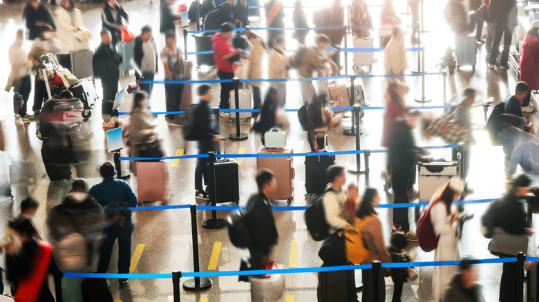 Lines of people at a busy airport