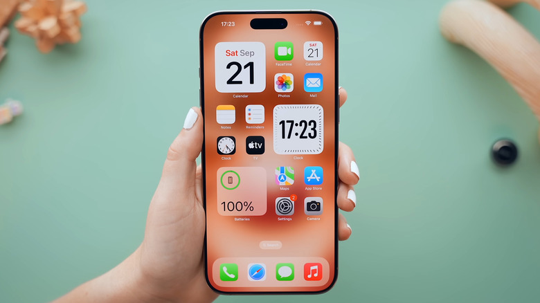 A hand holding iPhone 16 Pro Max showing the home screen