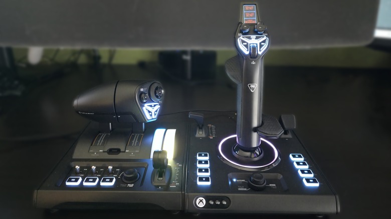 The VelocityOne HOTAS on a desk with a blurred background