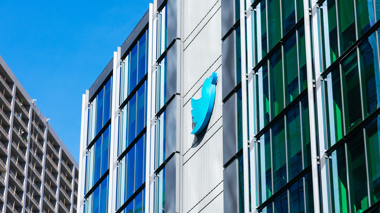 Twitter logo on a building.