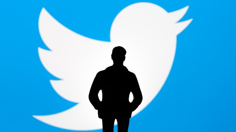 Silhoutte of Elon Musk against Twitter logo.