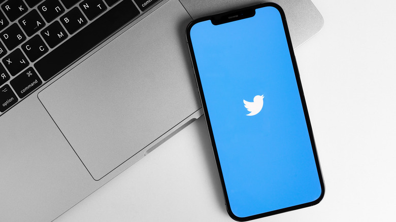 Twitter logo phone on laptop