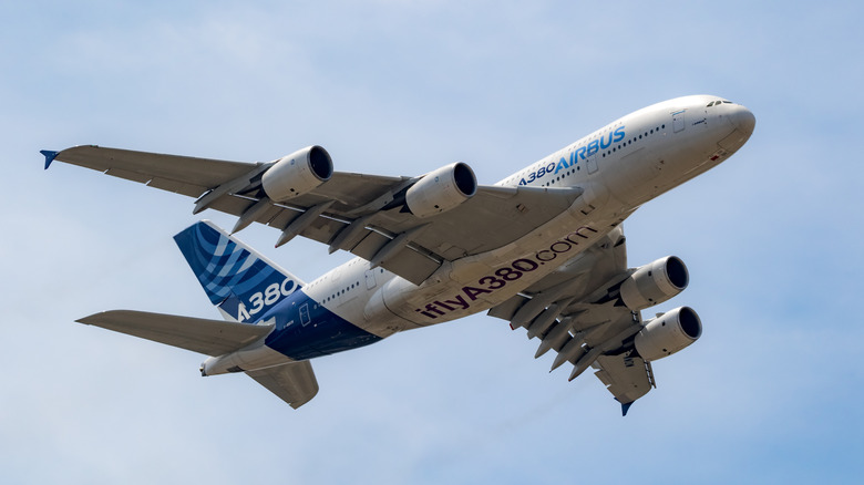Underside view of Airbus A380 mid-flight