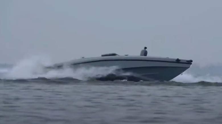 Footage of Ukraine's unmanned surface vessel, dubbed Magura V5, racing through the sea.