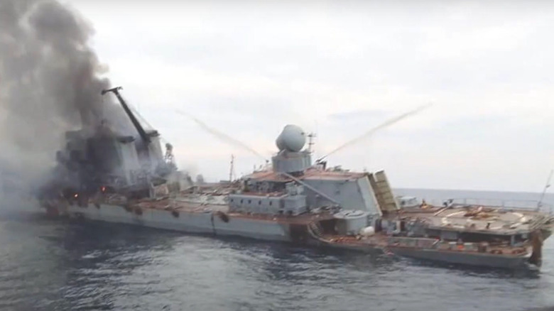 Flagship of the Russian Black Sea Fleet, the missile cruiser Moskva, sinks after an attack from Ukrainian missiles.