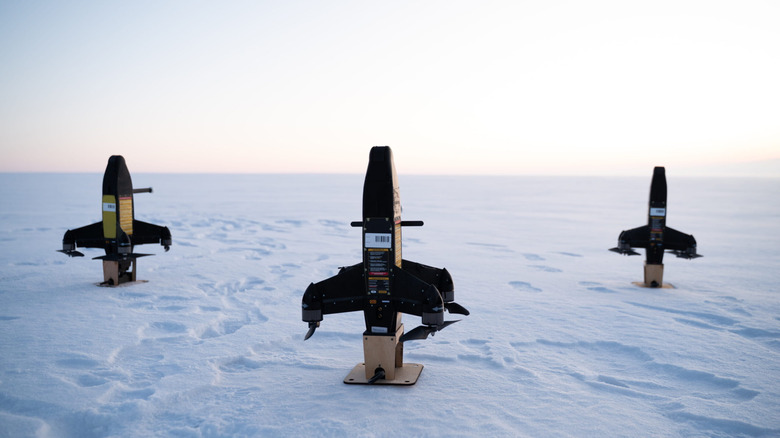 Stilya drones sitting on launch pads on snowy covered ground