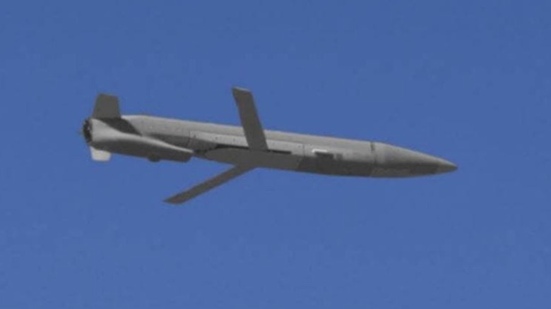 A MALD Decoy in flight over blue, cloudless skies.