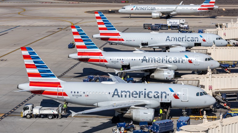 American Airlines Airbus A320 family jets parked at several gates