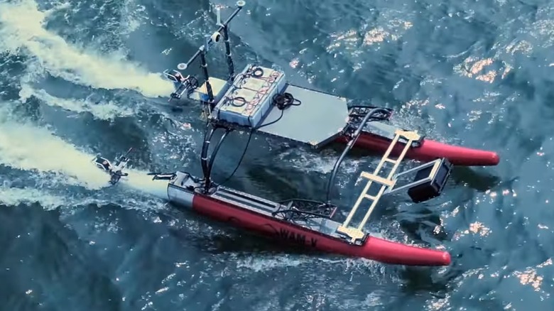 Aerial top-down view of an Ocean Power Technologies WAM-V 8 on the water