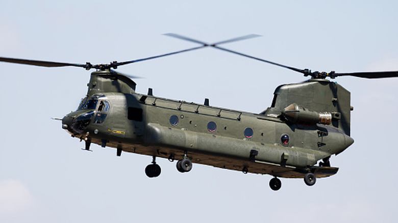 A Chinook military helicopter in flight