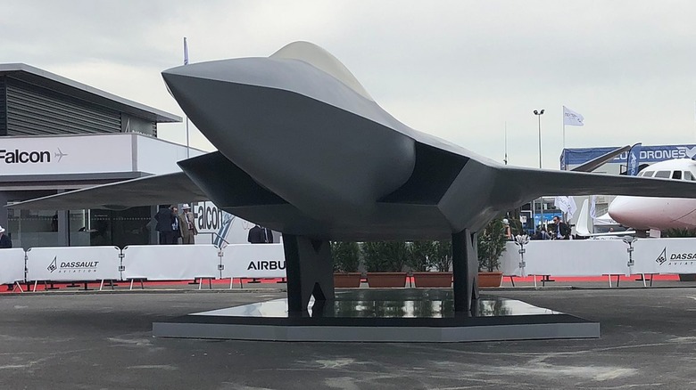 Sixth-generation fighter mockup on pedestal at airshow