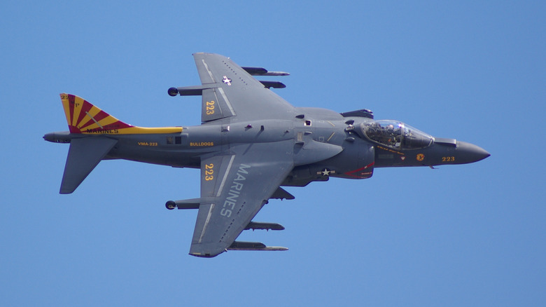 U.S. Marine Corps Harrier Jump Jet flys in a cloudless sky
