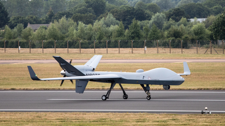An MQ-9 SkyGuardian drone landing at RAF Fairford base after completing a transatlantic flight.