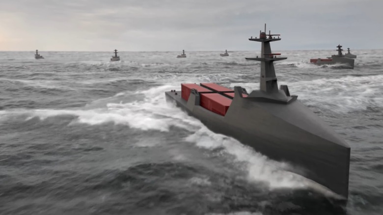 A rendering of a fleet of Liberty Class ships operating autonomously