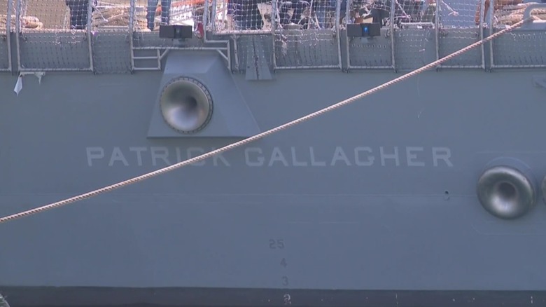 Close-up of the name of the USS Gallagher.