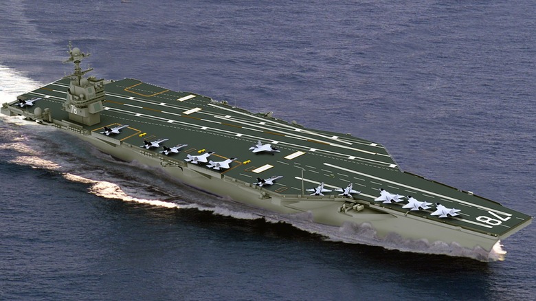 An artist's rendering of the USS John F. Kennedy with several aircraft on its deck