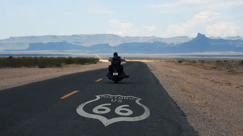 A motorcycle rider riding on Route 66