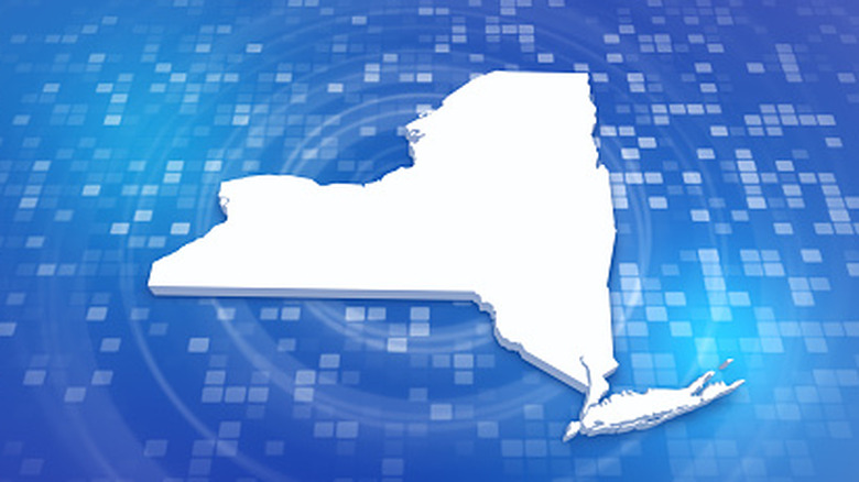 Digital rendering of New York state on a blue, pixelated background.
