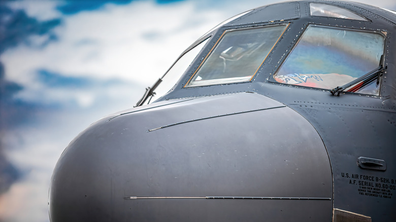 A close-up of the nose of a B-52 on the ground
