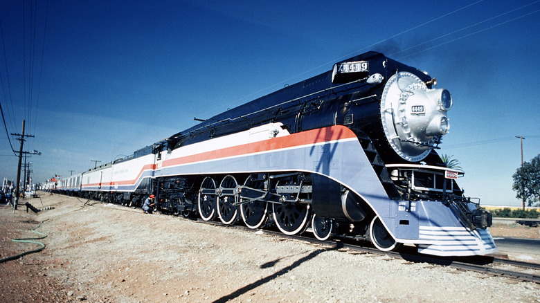 Front 3/4 view Freedom Train with steam locomotive on a stop during its 1976 tour.