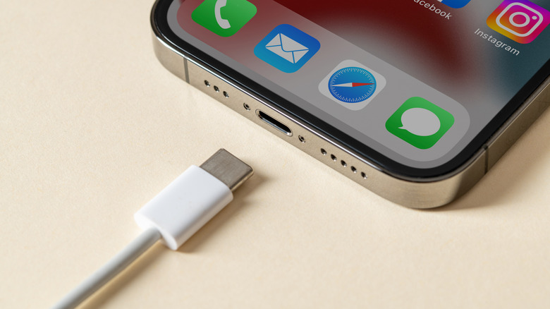 A USB-C cable next to an iPhone USB-C port