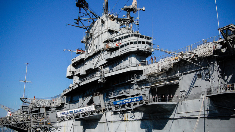 The USS Hornet (CV 12) aircraft carrier currently docked