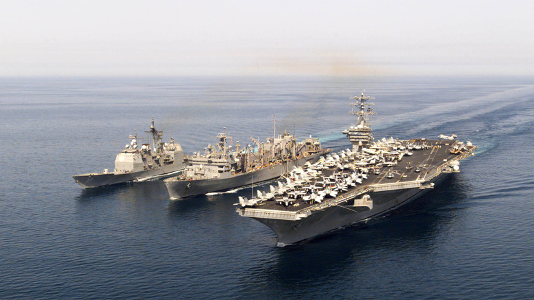 The USS Nimitz, USS Bridge, and the USS Princeton sailing in close formation