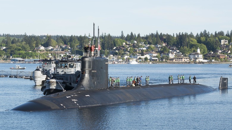 USS Seawolf submarine in harbor