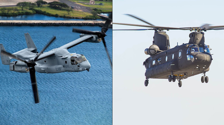 V22 Osprey and CH47 Chinook flying