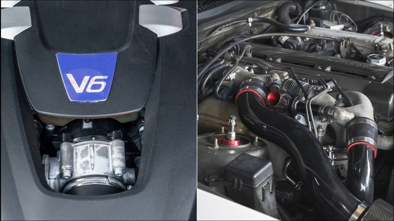 An inline-six and a V6 engine side-by-side