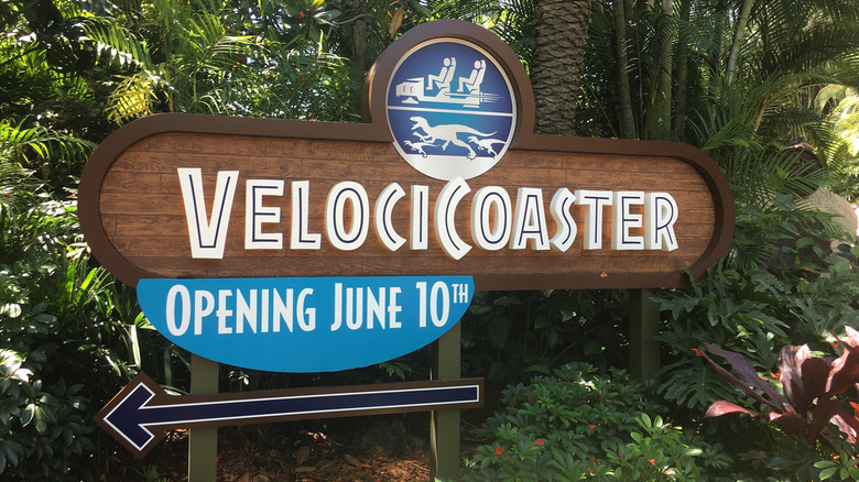 Sign for the Velocicoaster, opening June 10