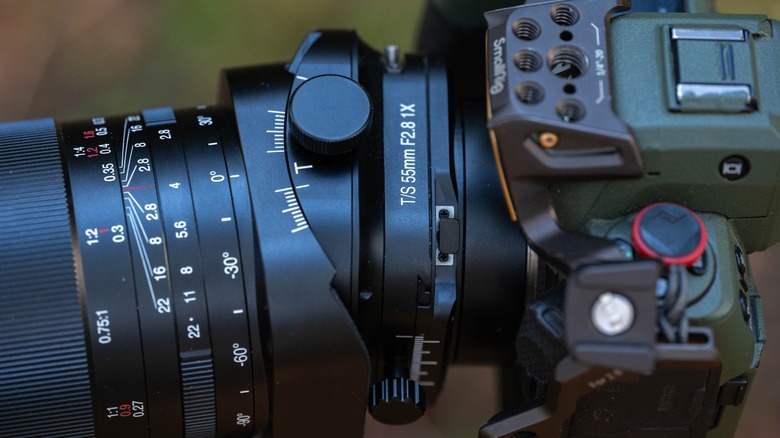 Venus Optics Laowa 55mm f/2.8 Tilt-shift 1X Macro Lens on the Nikon Z8 with a Smallrig camera cage, close up of tilt/shift mechanism.