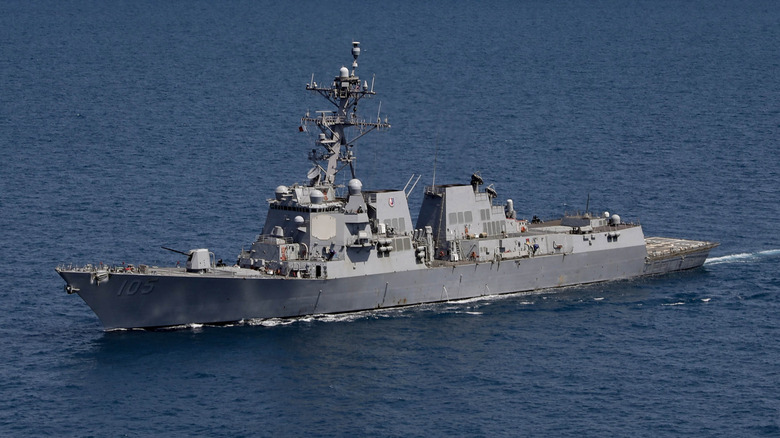 The Arleigh Burke-class guided-missile destroyer USS Dewey (DDG 105) sails in the Timor Sea during Exercise Kakadu 2024