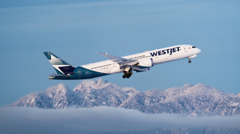 A WestJet plane taking off.