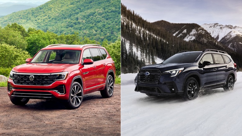 red Volkswagen Atlas on dirt road and black Subaru Ascent in snow