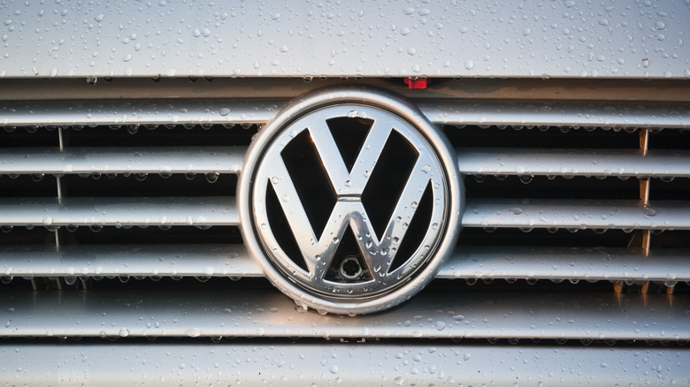 wet Volkswagen logo on car hood