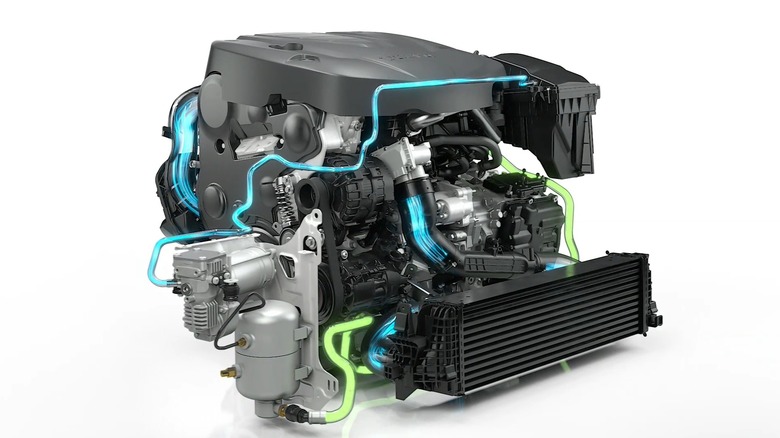 An illustration of an engine with Volvo's PowerPulse where the compressor and tank are visible
