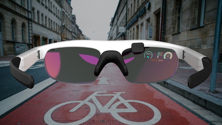 The VW Smart Glasses are seen on top of a bike lane background
