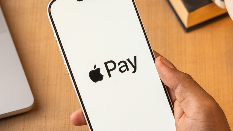 A person holding a phone displaying the Apple Pay logo.