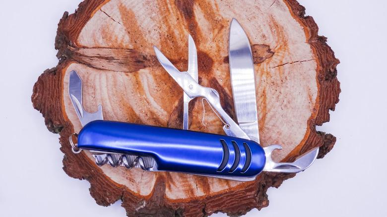 A multi-purpose Swiss army knife with blue handle kept on wood log