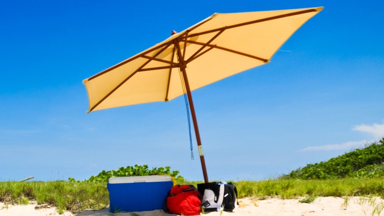 A cooler under an umbrella for shade.