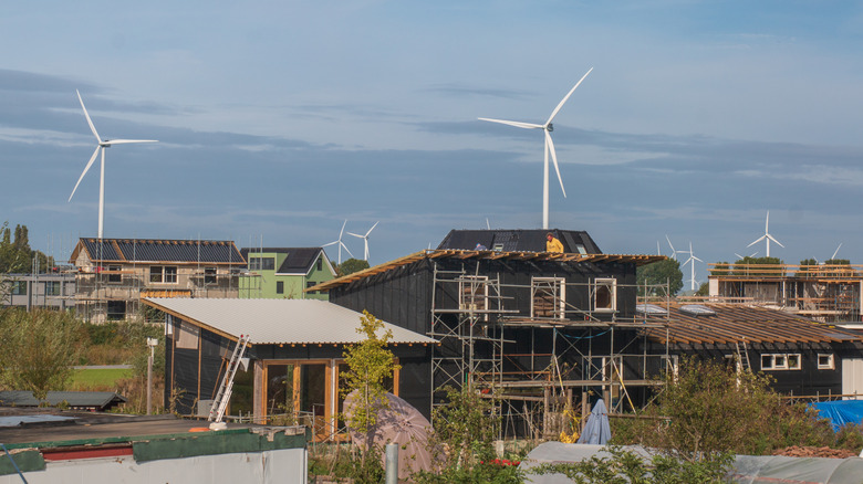 Wind turbines in a residential area.