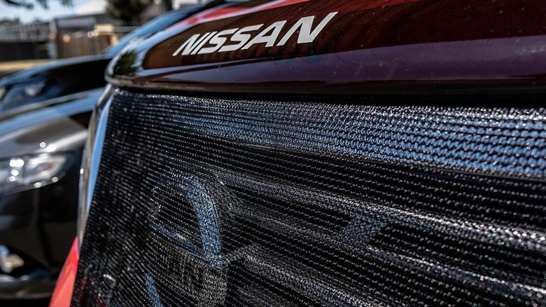 A bug screen installed on the front of a Nissan