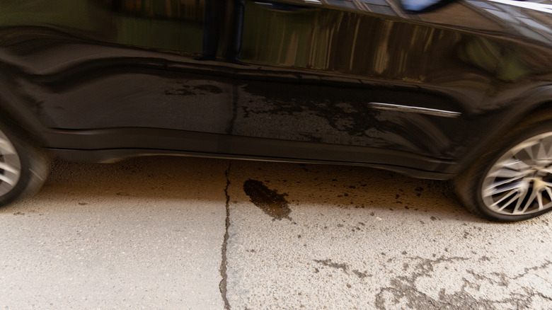 Black Car Beside Fresh Oil Leak Stain