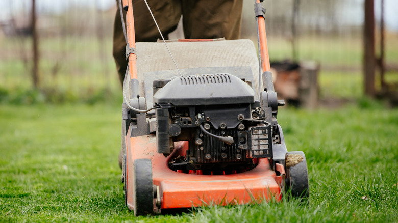 Person mowing grass