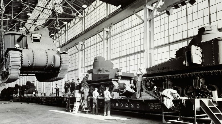 black and white image of Detroit Arsenal Tank Plant with tanks on the line