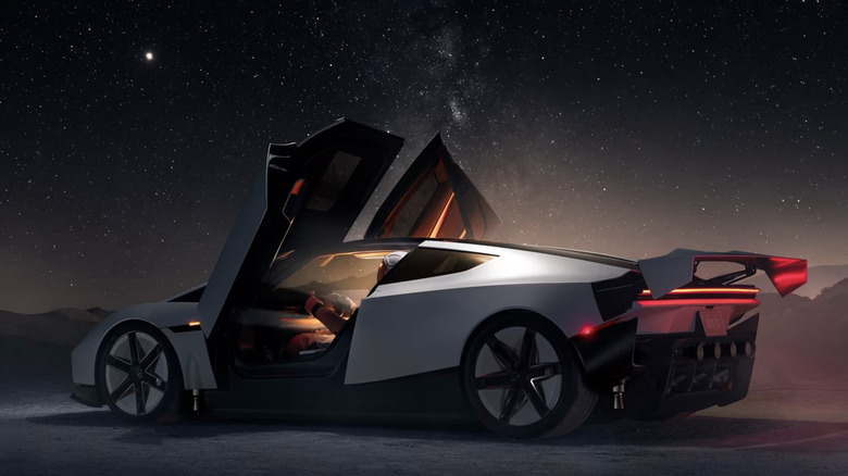 Tesla Roadster with doors open and thrusters displayed