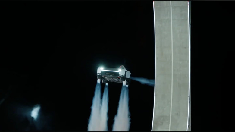 A shot of the Tesla Roadster performing its flip stunt