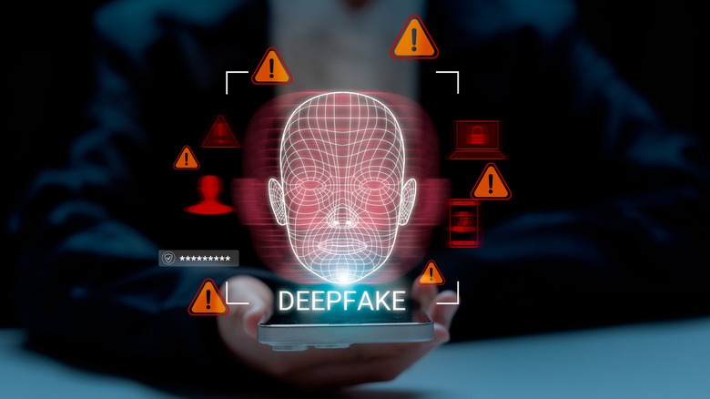 Warning concept of deepfake technology and facial recognition misuse